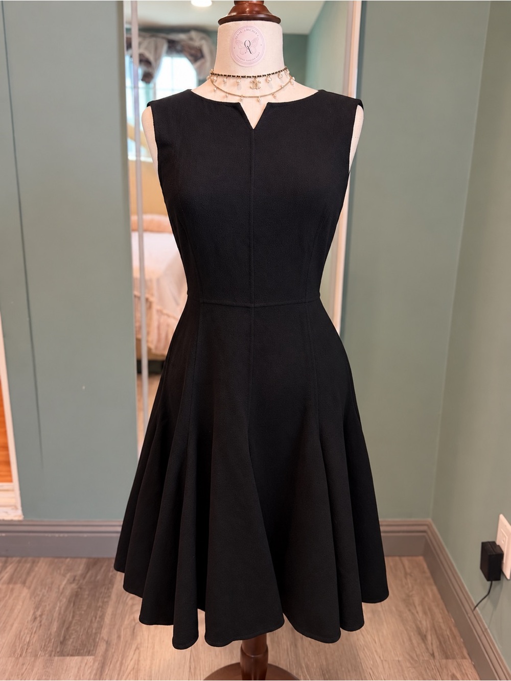 100% Wool Black Fit & Flare Midi Dress – Fitted Waist Skater Dress S
